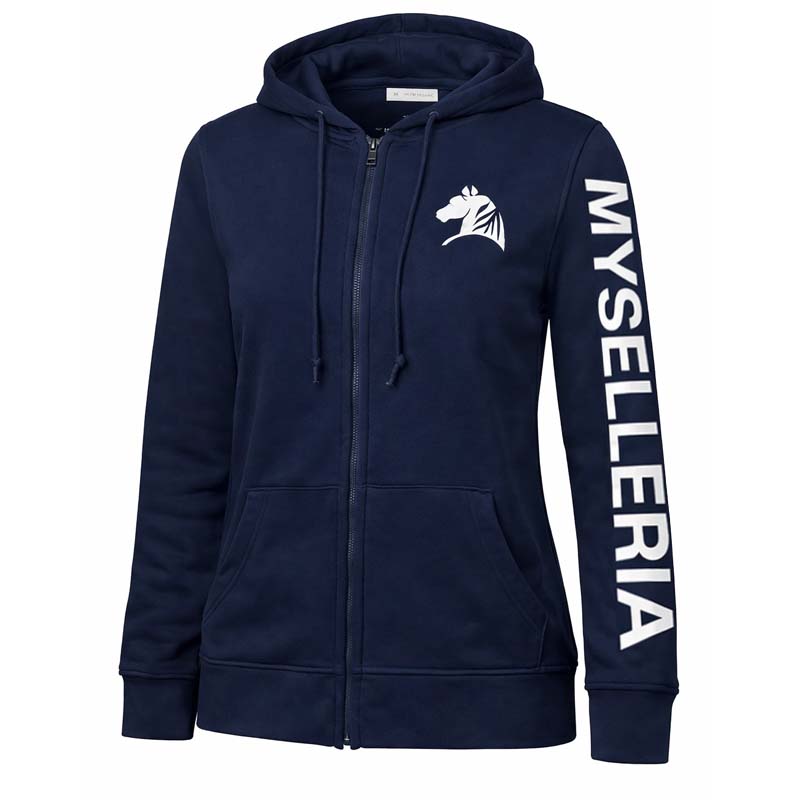 Damen Hoodie My Selleria mit Reißverschluss und Kapuze NAVY RIDER – Navy Blau/Weiß für Reitsport & Freizeit - 9403