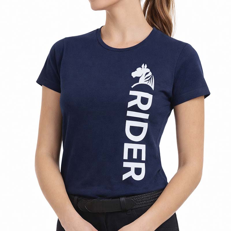 Damen reit t-shirt navy rider - dunkelblau mit weißem druck