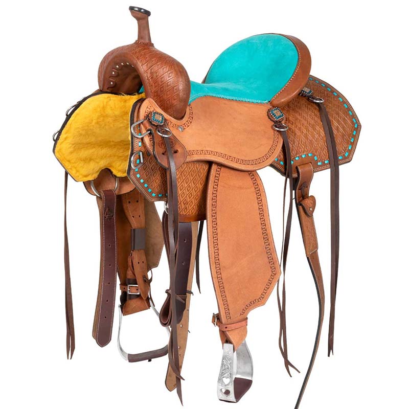 Pool's Western Barrel-Sattel mit türkisfarbenem Sitz und Basket Tooling - 4916