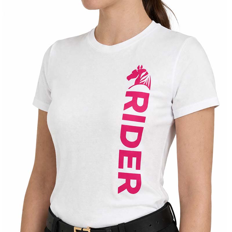 Damen reit t-shirt pink rider - weiß mit fuchsia-druck