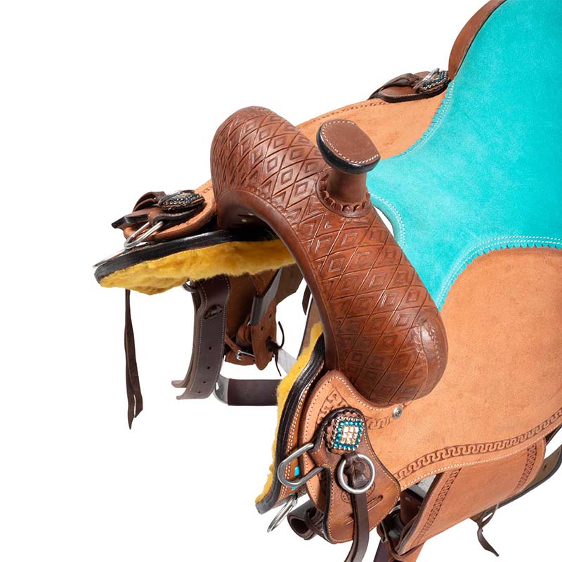 Pool's Western Barrel-Sattel mit türkisfarbenem Sitz und Basket Tooling - 4916