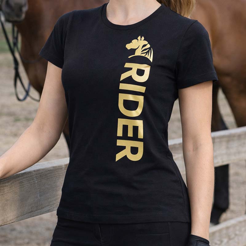Damen Reit T-Shirt GOLDEN RIDER - Schwarz mit Goldenem Druck - 9394