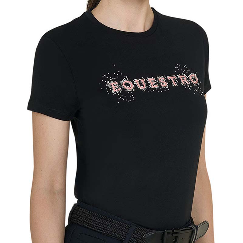 Damen T-Shirt Equestro aus Baumwolle mit rosa Schrift und Strass - 9960