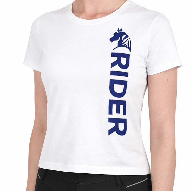 Damen reit t-shirt blue rider - weiß mit navy-blauem druck
